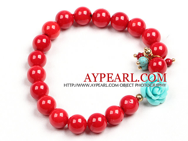 Simple Style Einzelstrang-rote Korallen-Korn Stretch / elastisches Armband mit Türkis-Blumen-Charme
