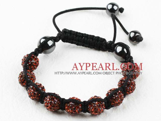 10mm Red Brown Color Rhinestone Ball Woven Drawstring Bracelet with Adjustable Thread