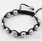 10mm Gray Seashell and Rhinestone Ball Woven Drawstring Bracelet with Adjustable Thread