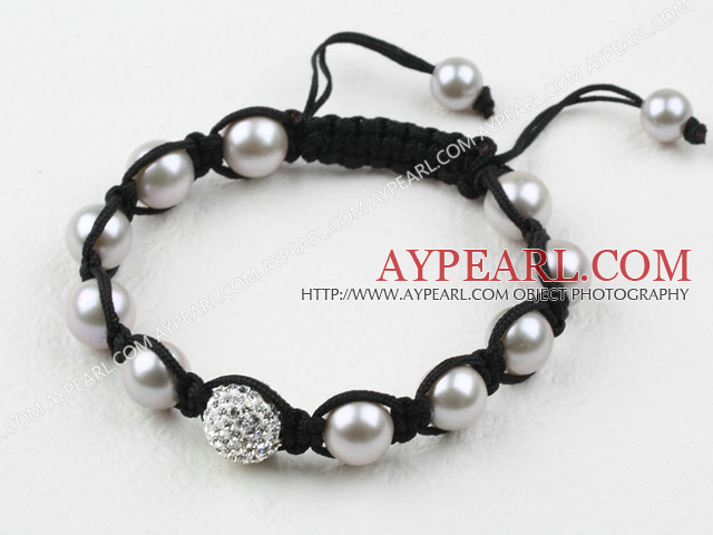 10mm Gray Seashell and Rhinestone Ball Woven Drawstring Bracelet with Adjustable Thread