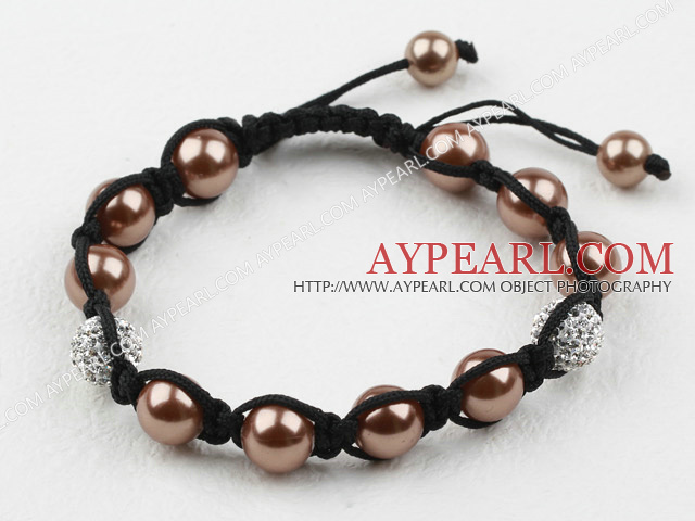 10mm Coffce Color Seashell og Rhinestone weaved Snøring armbånd med Justerbar Tråd