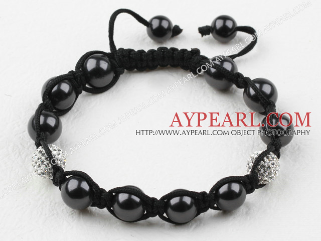 Black Seashell Beads and Rhinestone Ball Woven Drawstring Bracelet With Adjustable Thread