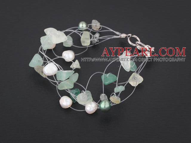 pearl and aventurine and green rutilated quartz bracelet with lobster clasp