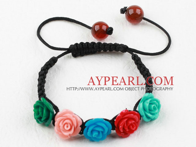 Fashion Style Assorted Multi Color Turquoise Flower Woven Drawstring Bracelet with Adjustable Thread