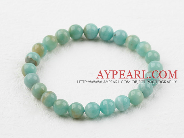 8mm Round Natural Amazon Stone Elastic Beaded Bracelet