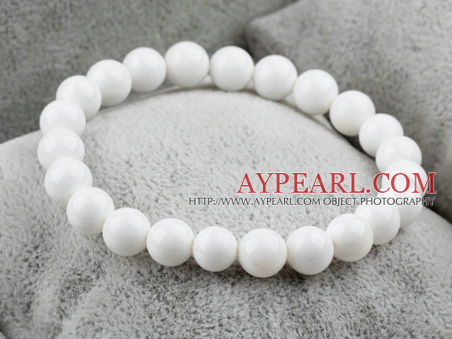 8mm Round White Sea Shell Elastic Beaded armbånd