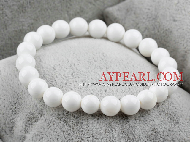 8mm Round White Sea Shell Elastic Beaded Bracelet