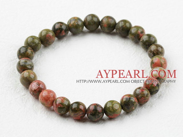 8mm Round Green Piebald Stone Elastic Beaded Bracelet