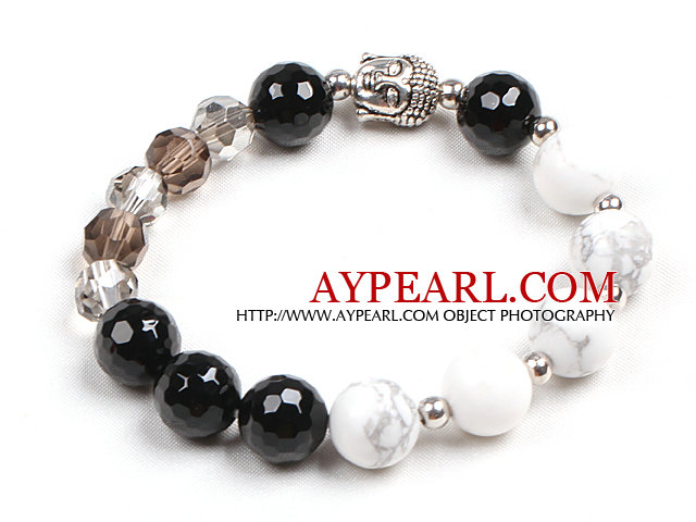 Enkel Crystal Black Agete Vit porcelian Sten pärlor Stretch / Elastisk armband med Buddha Head Charm