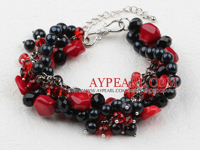 New Design Multi Strand Black Pearl Crystal und Rote Koralle Armband