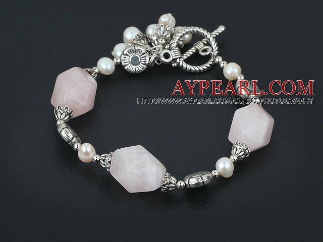 7 inches white pearl and rose quartz bracelet with toggle clasp