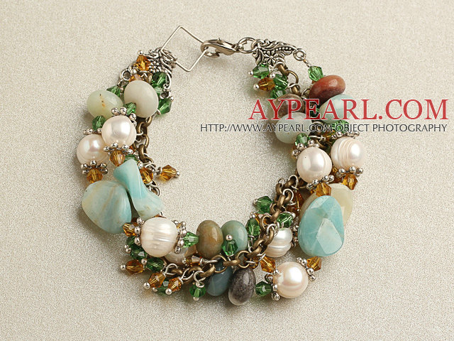 New Design White FW Pearl and Crystal and Amazon Stone Bracelet