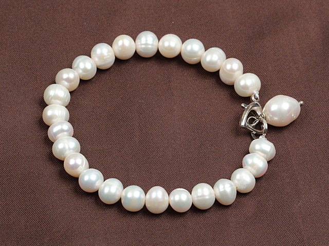 Simple Elegant Style 7-8Mm Natural White Freshwater Pearl Elastic/ Stretch Bracelet With Pearl Charm