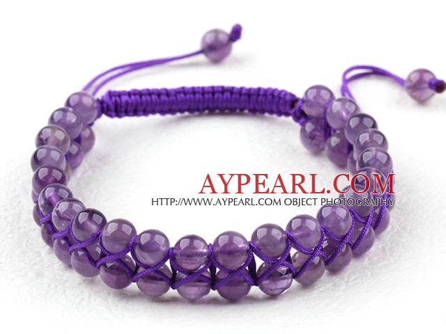 Fashion Style Two Rows Round Amethyst Woven Adjustable Drawstring Bracelet