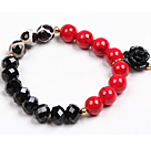 Simple Style Single Strand Black Crystal Red Blood Stone Hand-Painted Agate Beads Stretch/ Elastic Bracelet With Flower Charm