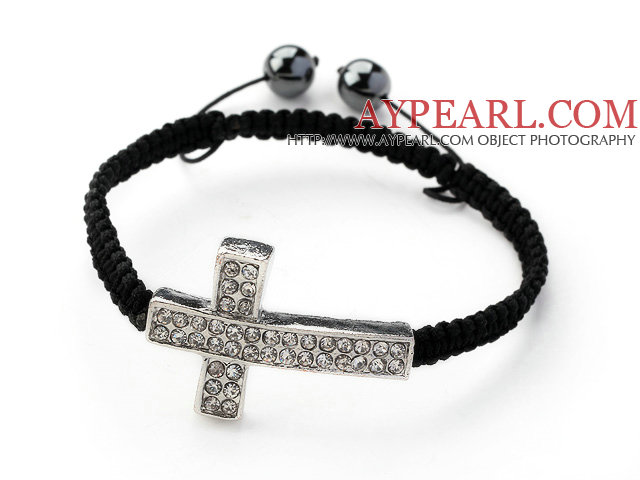 Sideway/Side Way Two Row White Cross with White Rhinestone Woven Adjustable Drawstring Bracelet with Hematite Beads