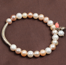 Simple Elegant Style 7-8Mm Natural White Pink Purple Freshwater Pearl Elastic/ Stretch Bracelet With Tube Charm