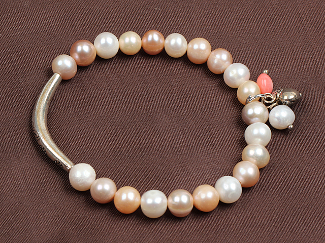 Simple style élégant 7-8mm Naturel Blanc Rose Violet Freshwater Pearl élastique / Bracelet extensible Avec Charm Tube