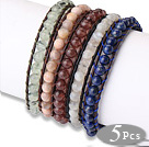 Style Mode 5 pcs Bracelet en cuir simple brin ronde de pierre gemme perlée