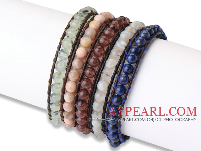 Fashion Style 5 st Single Strand Natural Round Gemstone pärlstav läderarmband