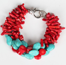 Multi Strands Assortert Red Coral Branch og oval form Turkis armbånd