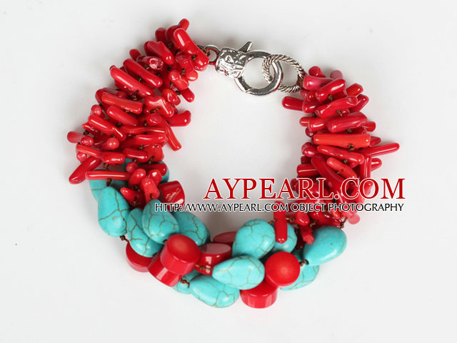 Multi Strands Assorted Red Coral Branch and Oval Shape Turquoise Bracelet