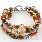 Three Strands Brown Series Brown Freshwater Pearl and Agate and White Coral Bracelet