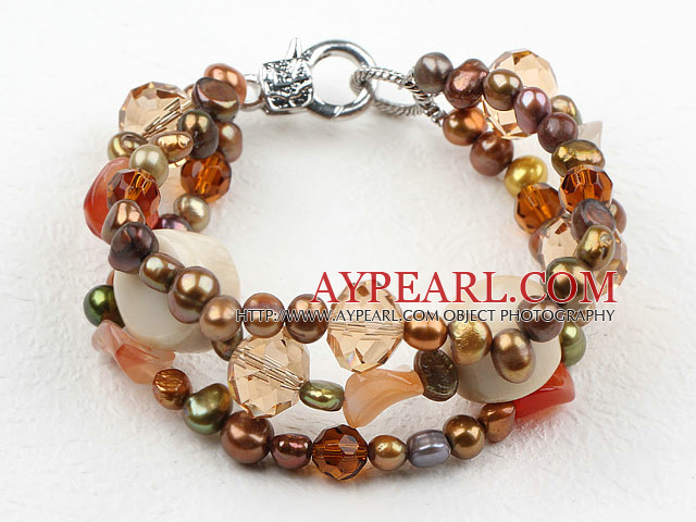 Three Strands Brown Series Brown Freshwater Pearl and Agate and White Coral Bracelet