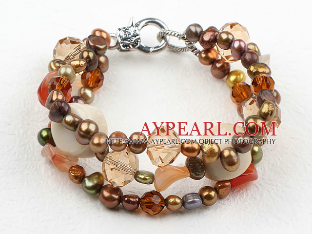 Tre Strands Brun Series Brown Sötvatten Pearl och Agate och vit Coral Armband