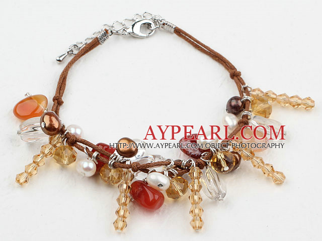 Brown Serie Assortert Pearl Crystal og Agate armbånd med Brown Tråd