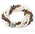 Multi Strands White Freshwater Pearl and Tiger Eye Bracelet