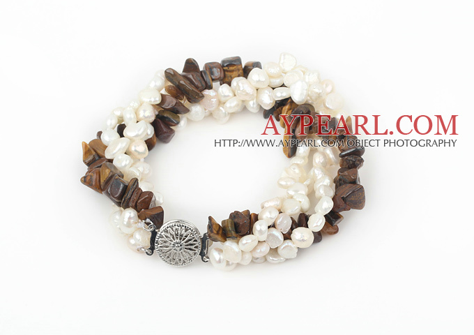 Multi Strands White Freshwater Pearl and Tiger Eye Bracelet