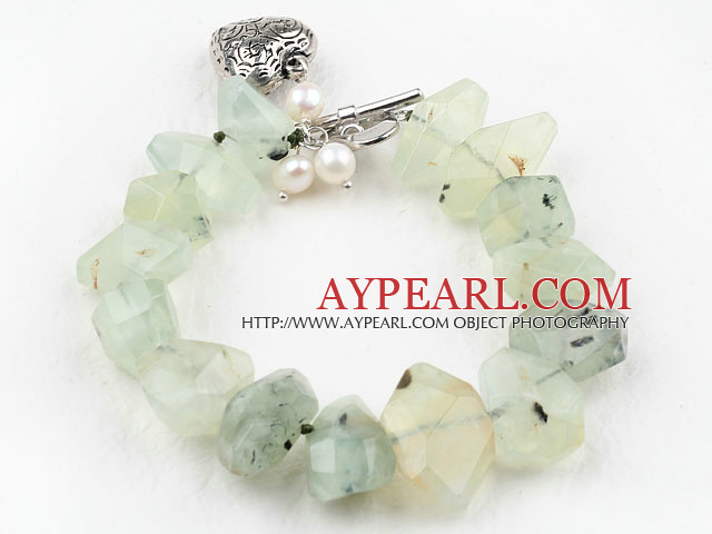 Irregular Shape Faceted Prehnite Stone Bracelet with Heart Shape Metal Accessories