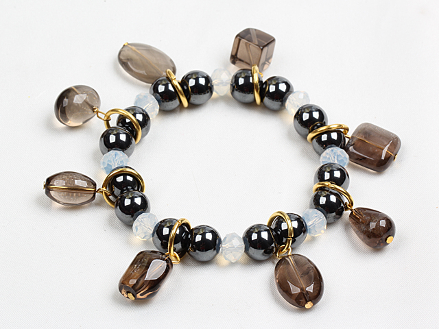 Fashion Charm Style Tungsten Steel Stone Beads Elastic/ Stretch Bracelet With Smoky Quartz Charms
