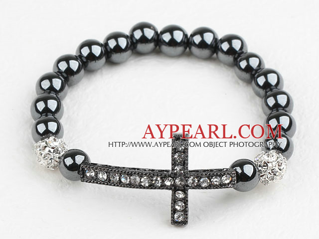 Musta tekojalokivi Sideway / Side Way Cross ja Round Hematiitti Stretch Bracelet