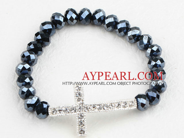 Blanc strass Sideway / Side Way Croix et Black Stretch Bracelet Cristal