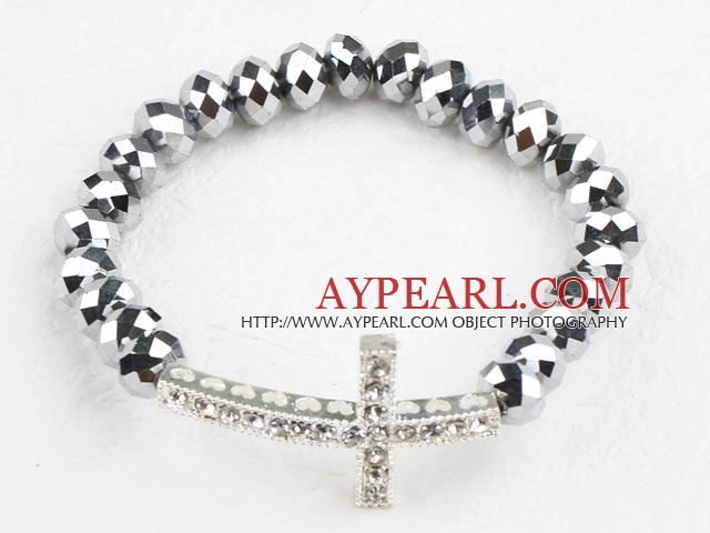 White Rhinestone Sideway/Side Way Cross and Silver Color Crystal Stretch Bracelet