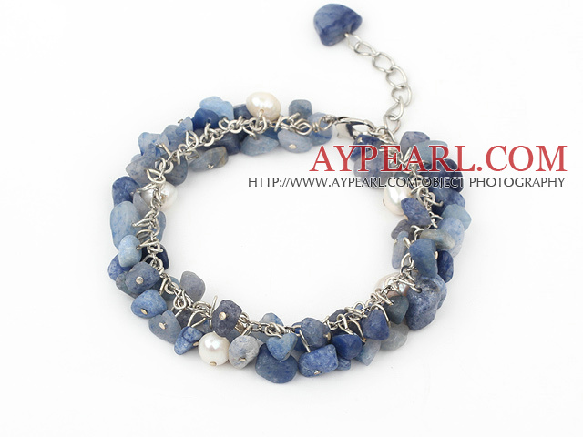 pearl and blue gem bracelet with metal chain and lobster clasp