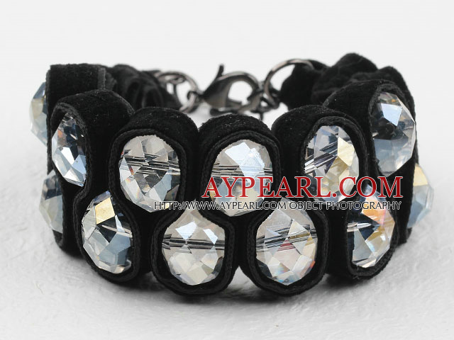 Fashion Style Clear Crystal and Black Velvet Ribbon Woven Bold Bracelet