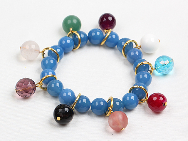 Fashion Charm Style Blue Agate Beads Elastic/ Stretch Bracelet With Multi Gemstone Bead Charms