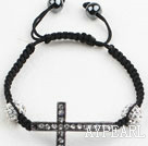 Mote Stil sidelengs / Side Way Svart Rhinestone Cross armbånd med Drawstring Justerbar Cord