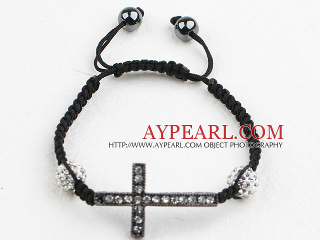 Fashion Style Sideway/Side Way Black Rhinestone Cross Bracelet with Drawstring Adjustable Cord