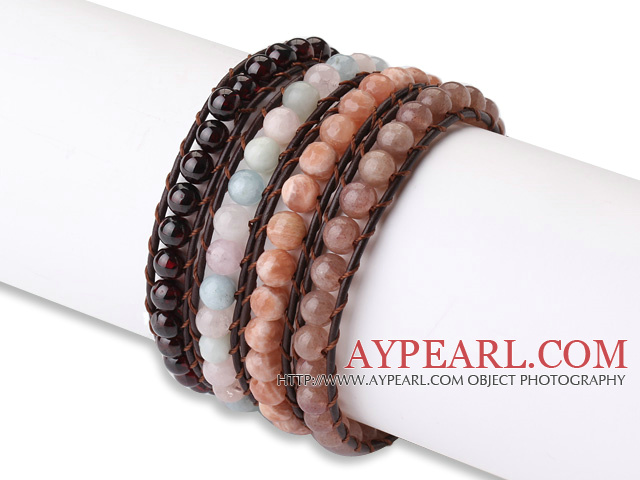 Fashion Style 4pcs Single Strand Natural Round Gemstsone Beaded Brown Leather Bracelet