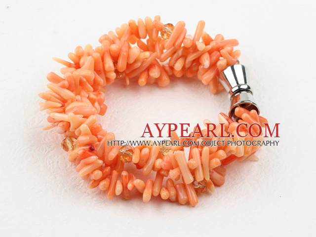 Multi Strands Orange Coral Bracelet with Magnetic Clasp