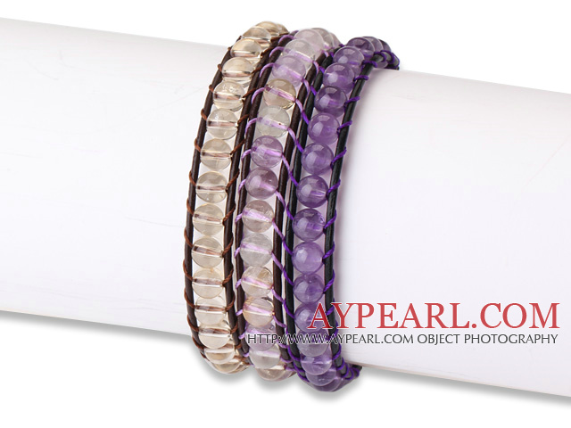 Fashion Style 3 pcs Single Strand Natural Round Crystal Beaded Leather Bracelet