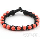 Fashion Style Leather and Round Pink Coral Bracelet with Metal Clasp