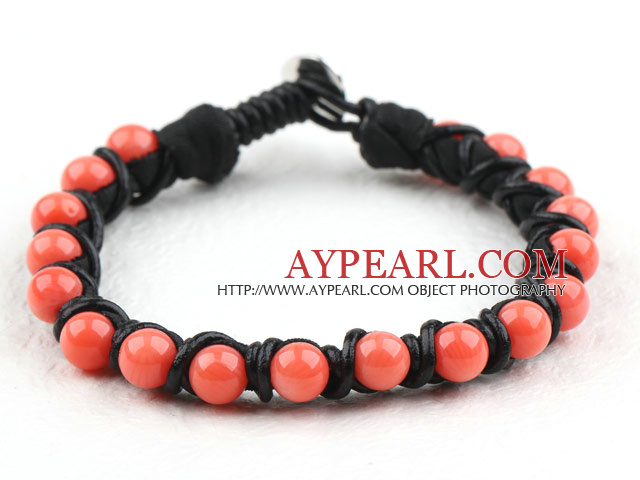 Fashion Style Leather and Round Pink Coral Bracelet with Metal Clasp