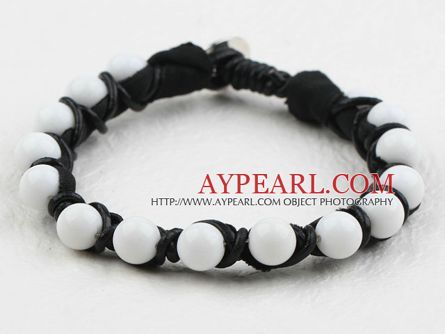 Fashion Style Leather and White Porcelain Stone Bracelet with Metal Clasp