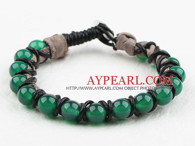 Fashion Style Leather and Round Green Agate Bracelet with Metal Clasp