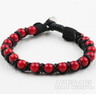 Fashion Style Leather and Round Red Coral Bracelet with Metal Clasp